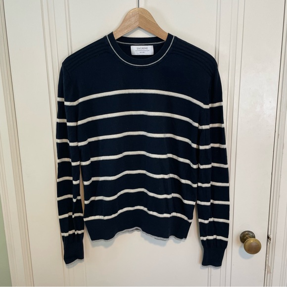 La Ligne Striped Light Crew Neck Cotton Long Sleeve Sweater in Navy and White - Picture 1 of 4